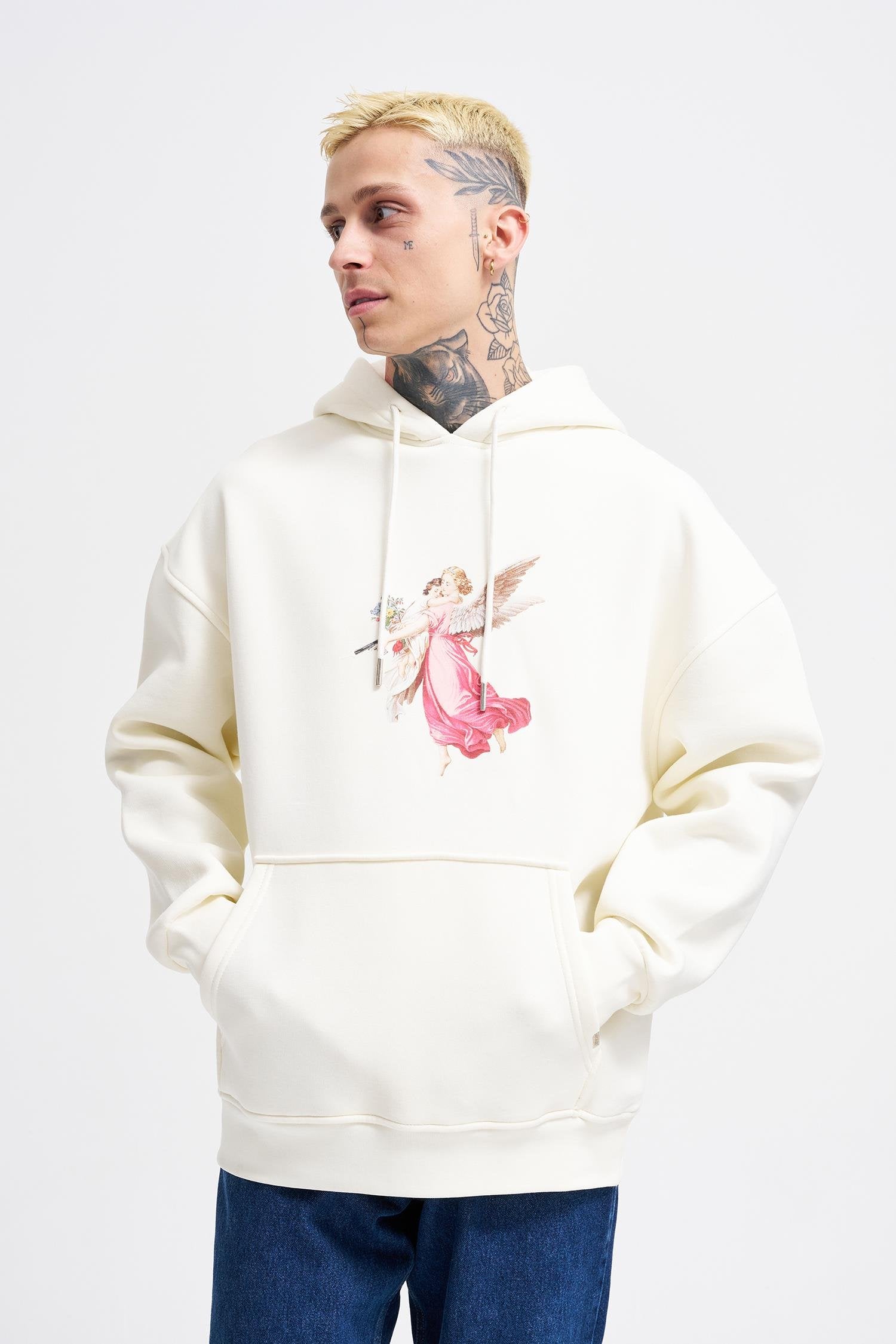 Erkek Hero Angel Baskılı Oversize Sweatshirt Ekru
