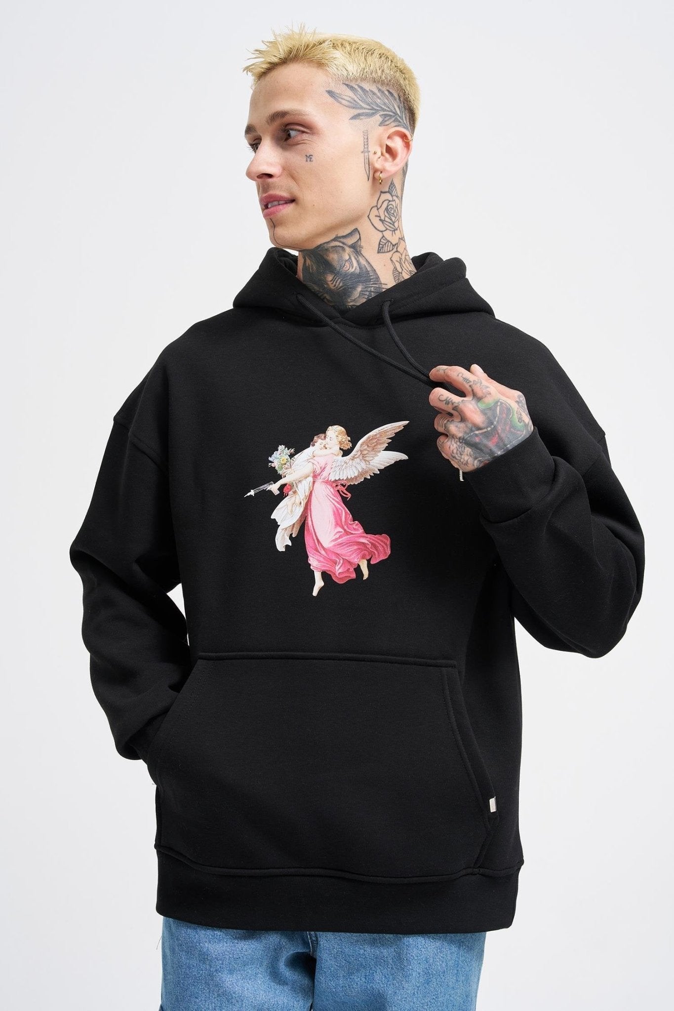 Erkek Hero Angel Baskılı Oversize Sweatshirt Siyah