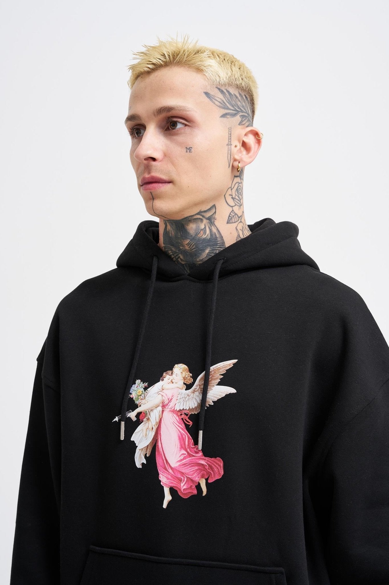 Erkek Hero Angel Baskılı Oversize Sweatshirt Siyah