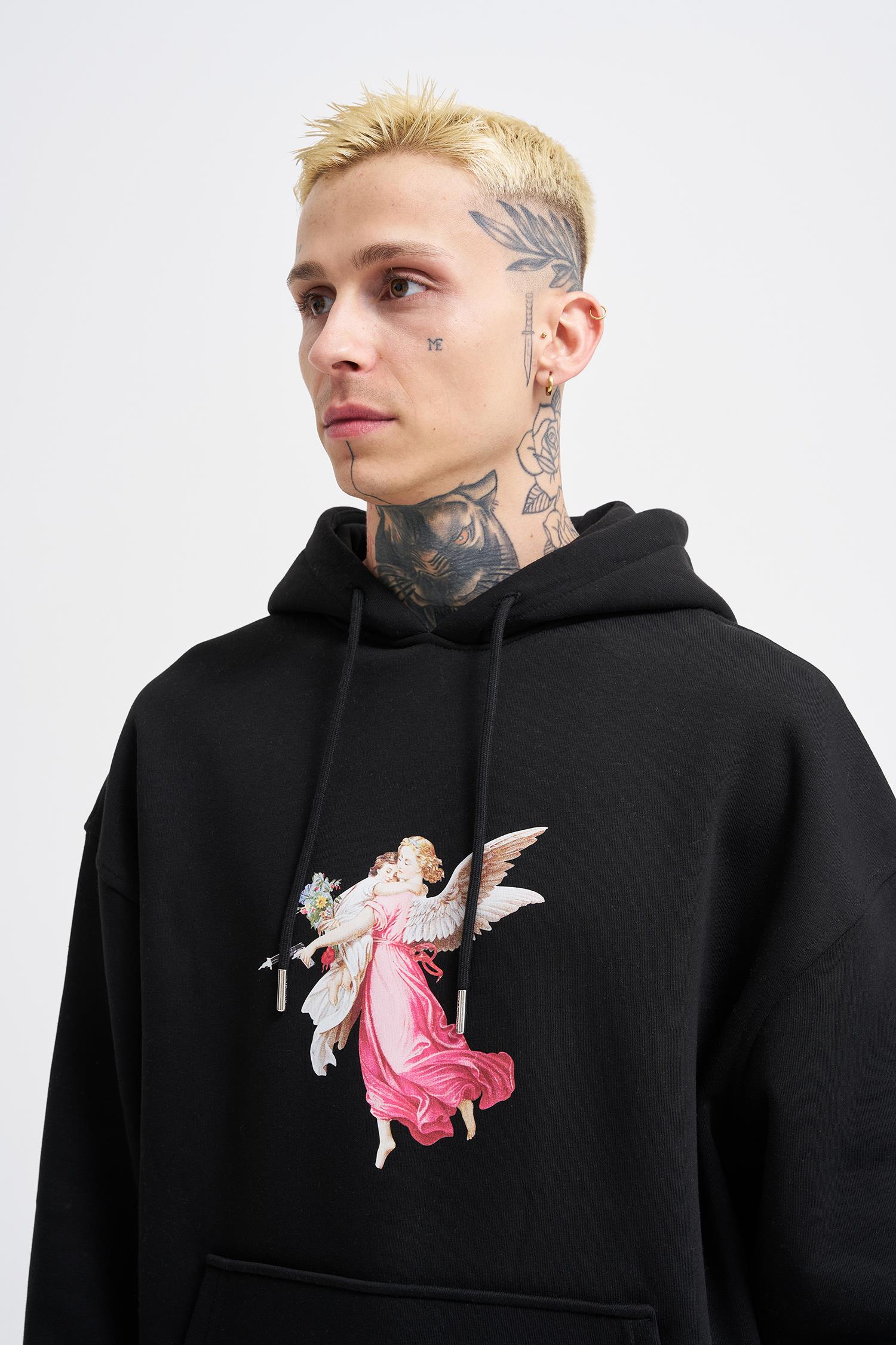 Erkek Hero Angel Baskılı Oversize Sweatshirt Siyah