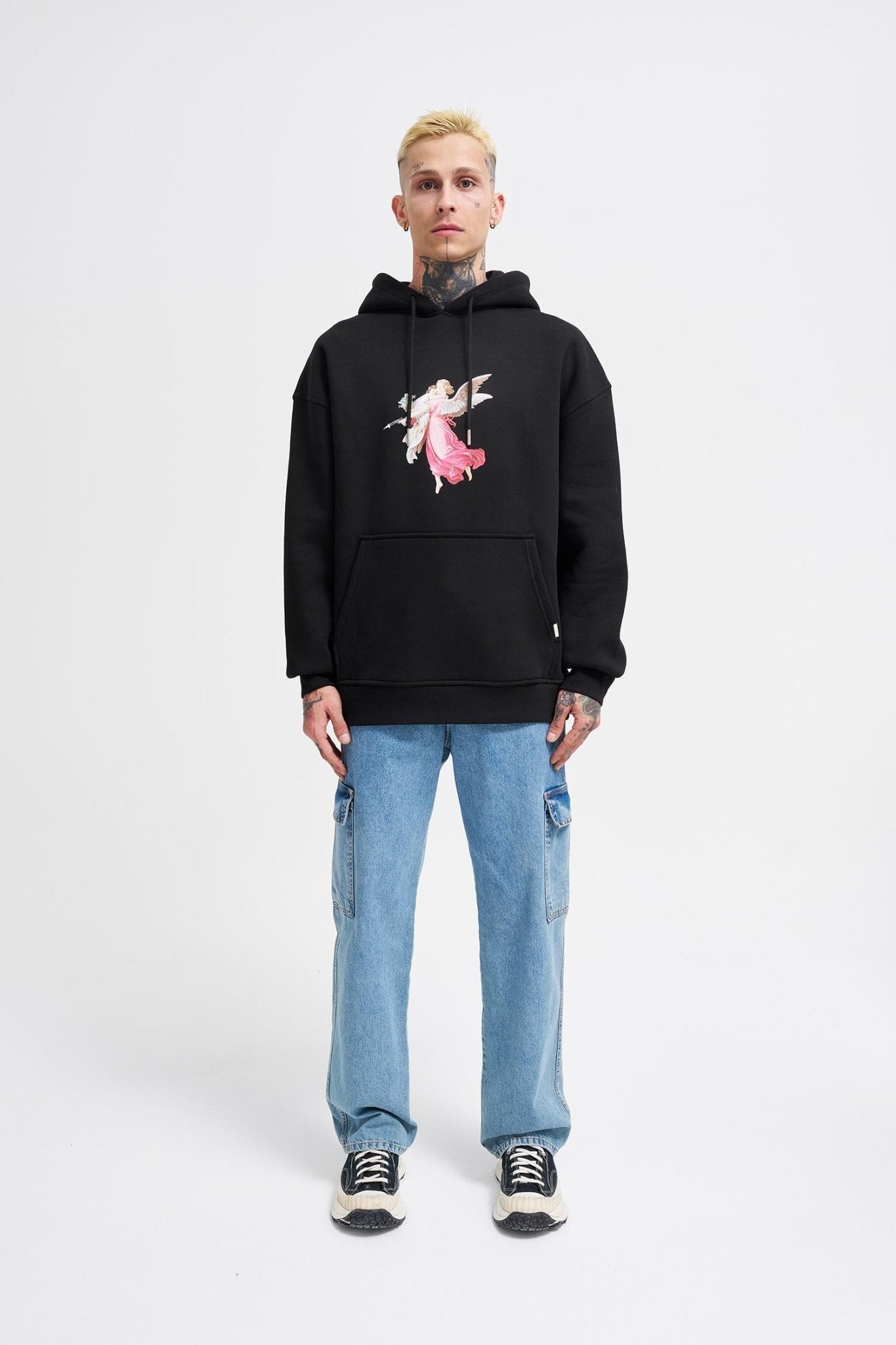 Erkek Hero Angel Baskılı Oversize Sweatshirt Siyah
