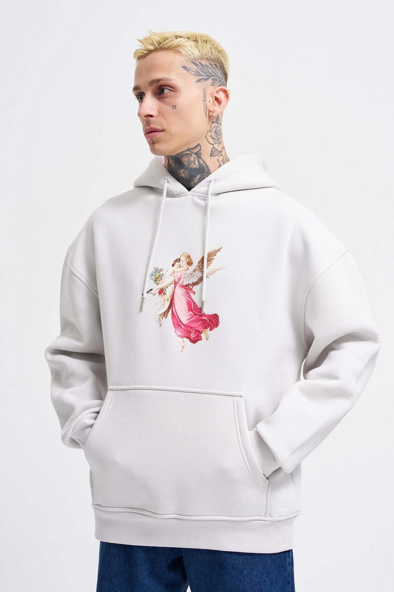 Erkek Hero Angel Baskılı Oversize Sweatshirt Uzay Grisi