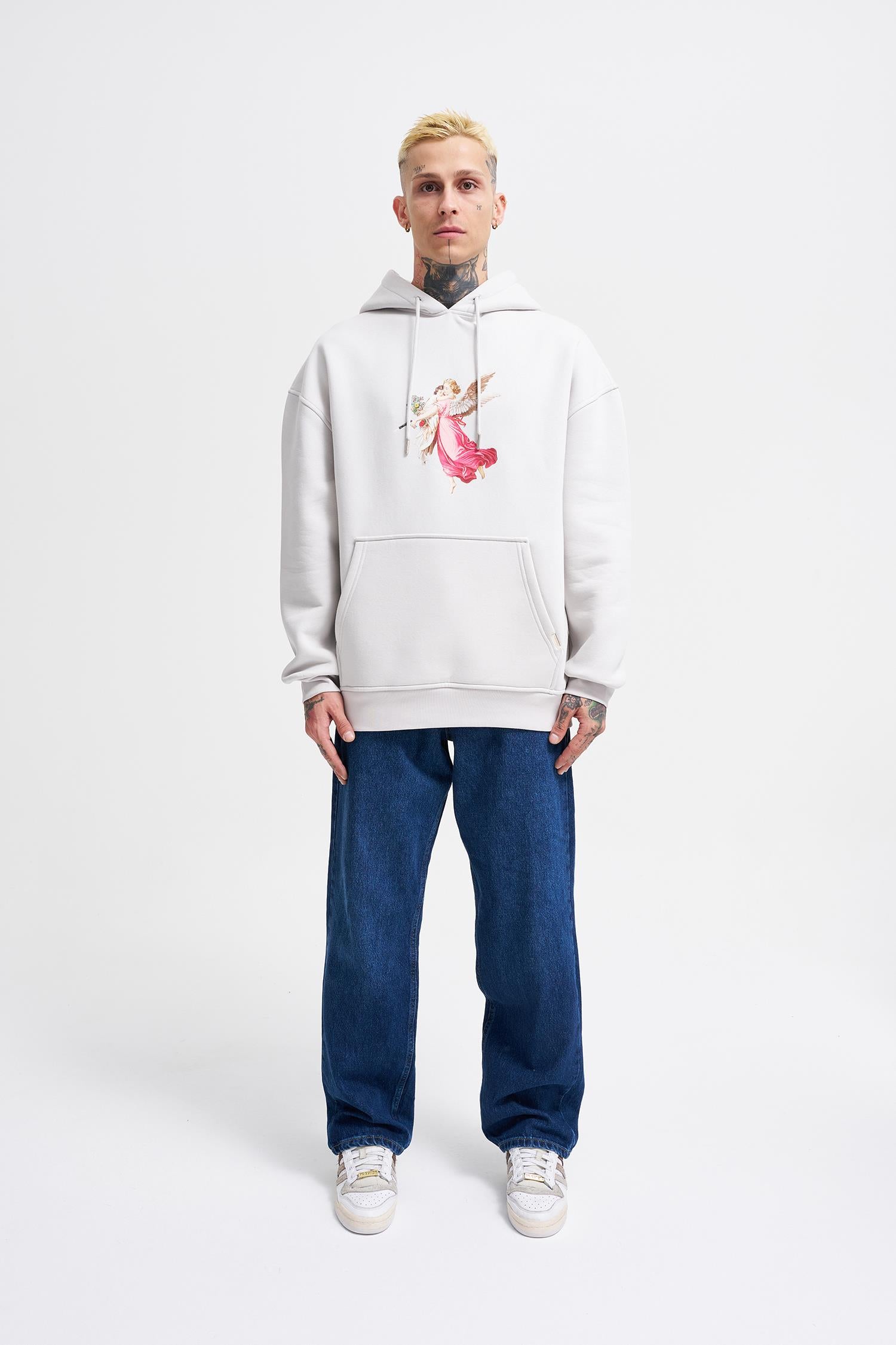 Erkek Hero Angel Baskılı Oversize Sweatshirt Uzay Grisi