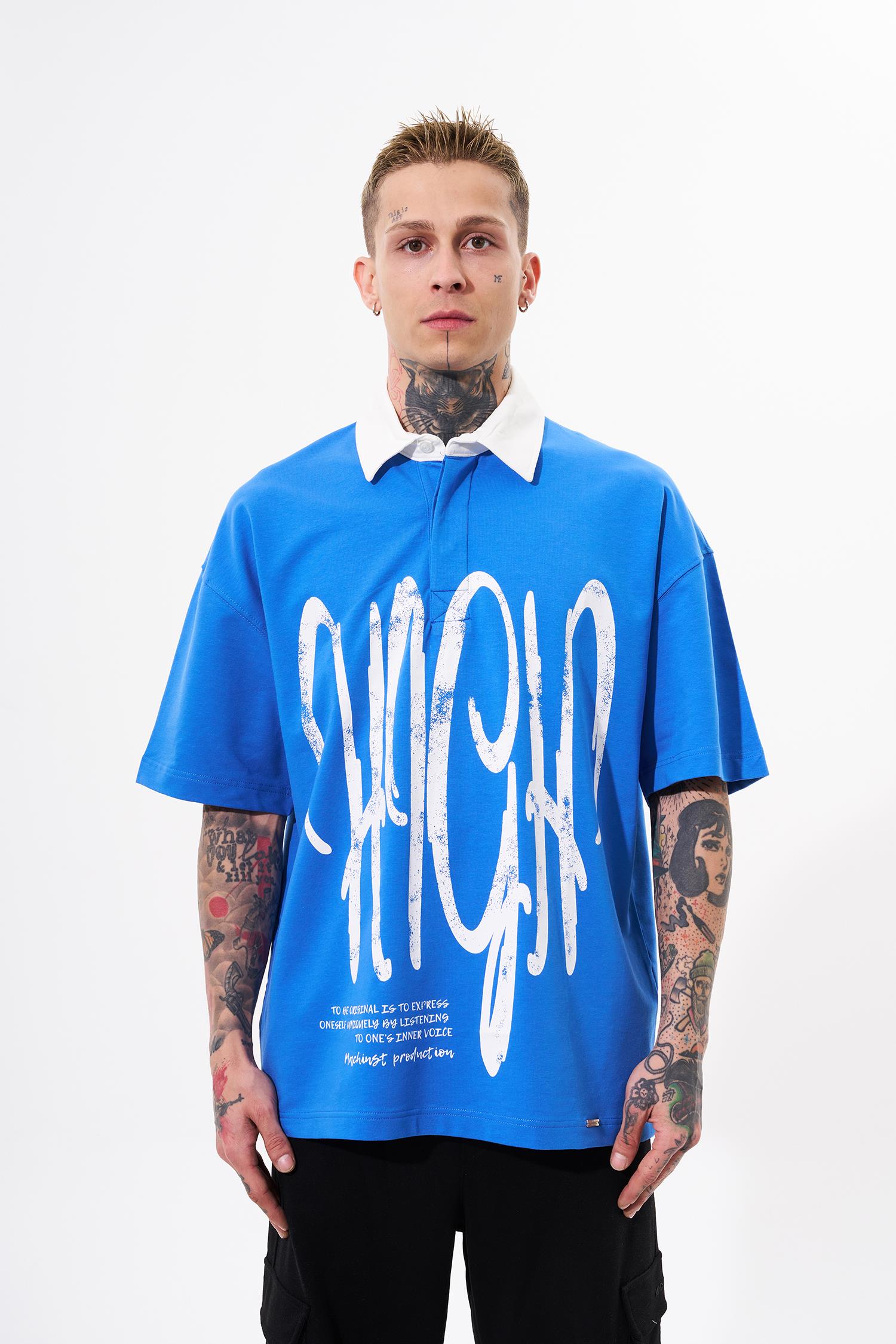 Erkek High Baskılı Oversize Polo Yaka Tişört Açık Mavi