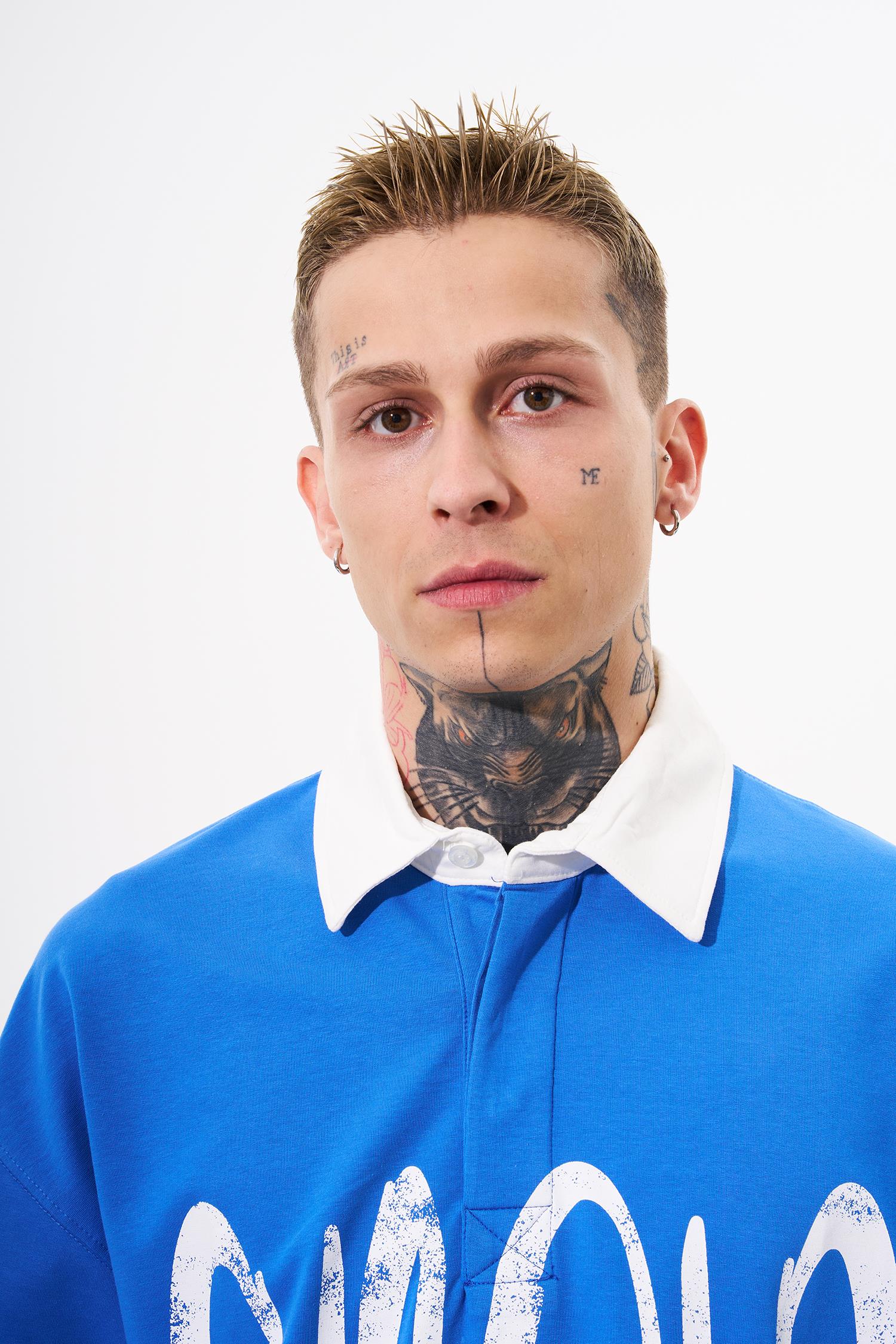 Erkek High Baskılı Oversize Polo Yaka Tişört Açık Mavi