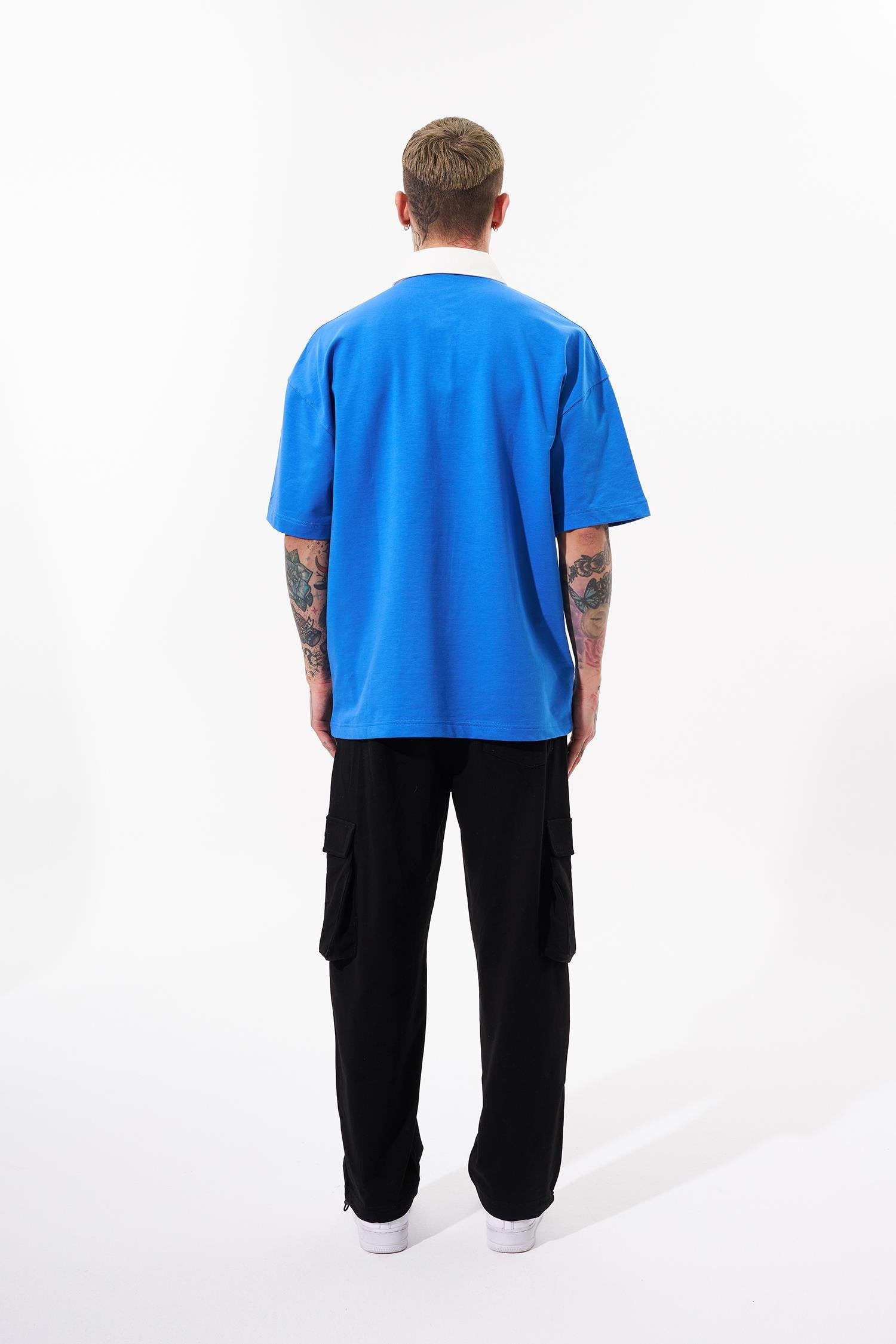 Erkek High Baskılı Oversize Polo Yaka Tişört Açık Mavi