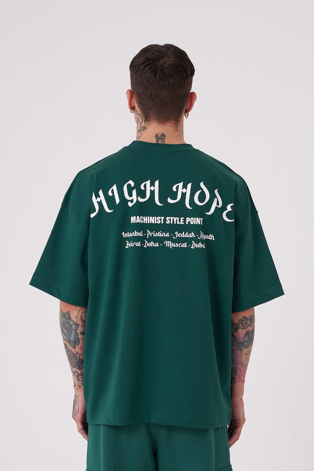 Erkek High Hope Baskılı Oversize Tişört Yağ Yeşili