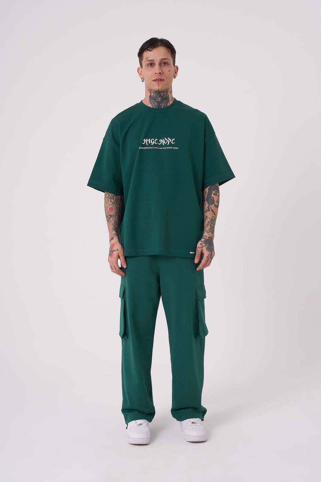 Erkek High Hope Baskılı Oversize Tişört Yağ Yeşili