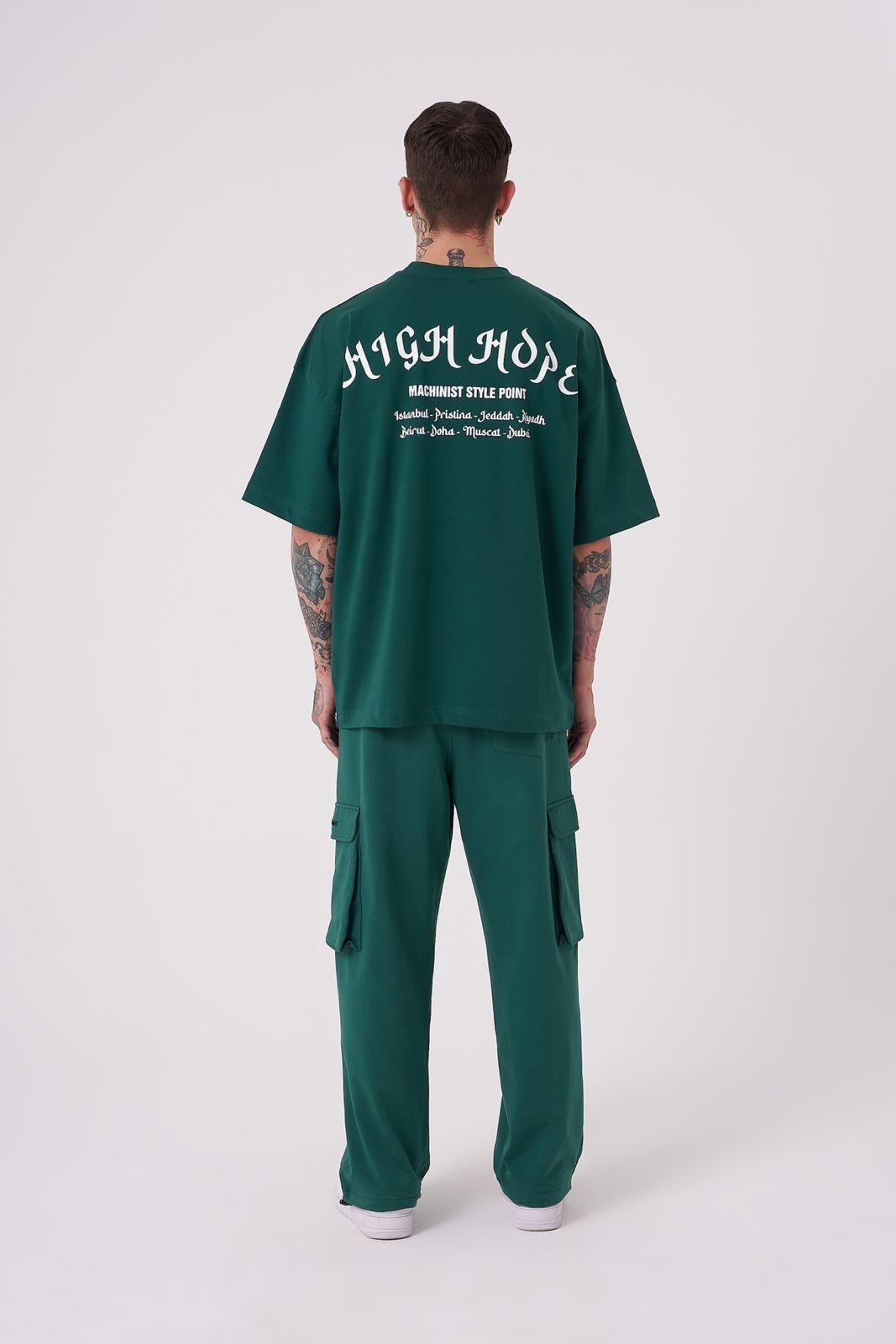 Erkek High Hope Baskılı Oversize Tişört Yağ Yeşili