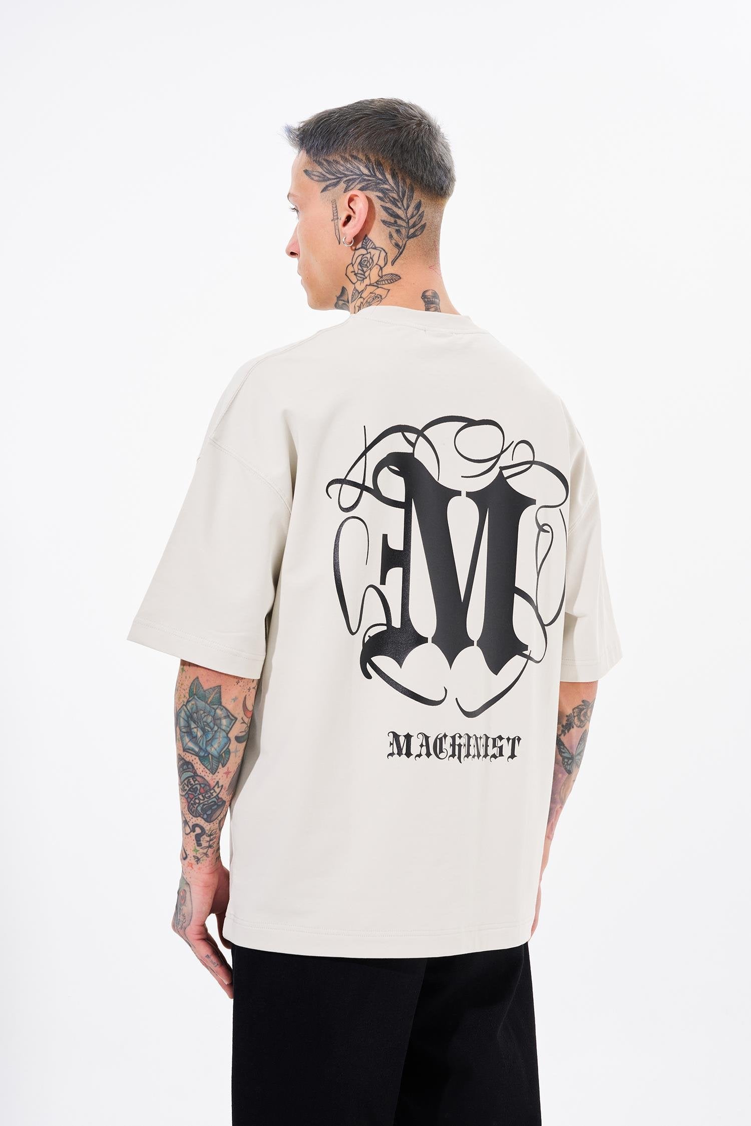 Erkek High Neck Baskılı Oversize Tişört Uzay Grisi