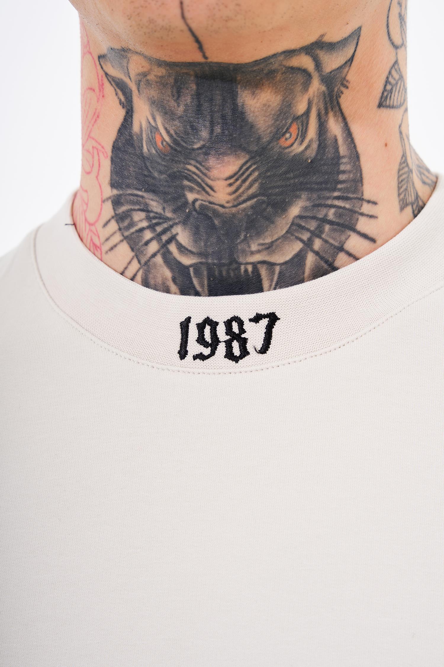 Erkek High Neck Baskılı Oversize Tişört Uzay Grisi