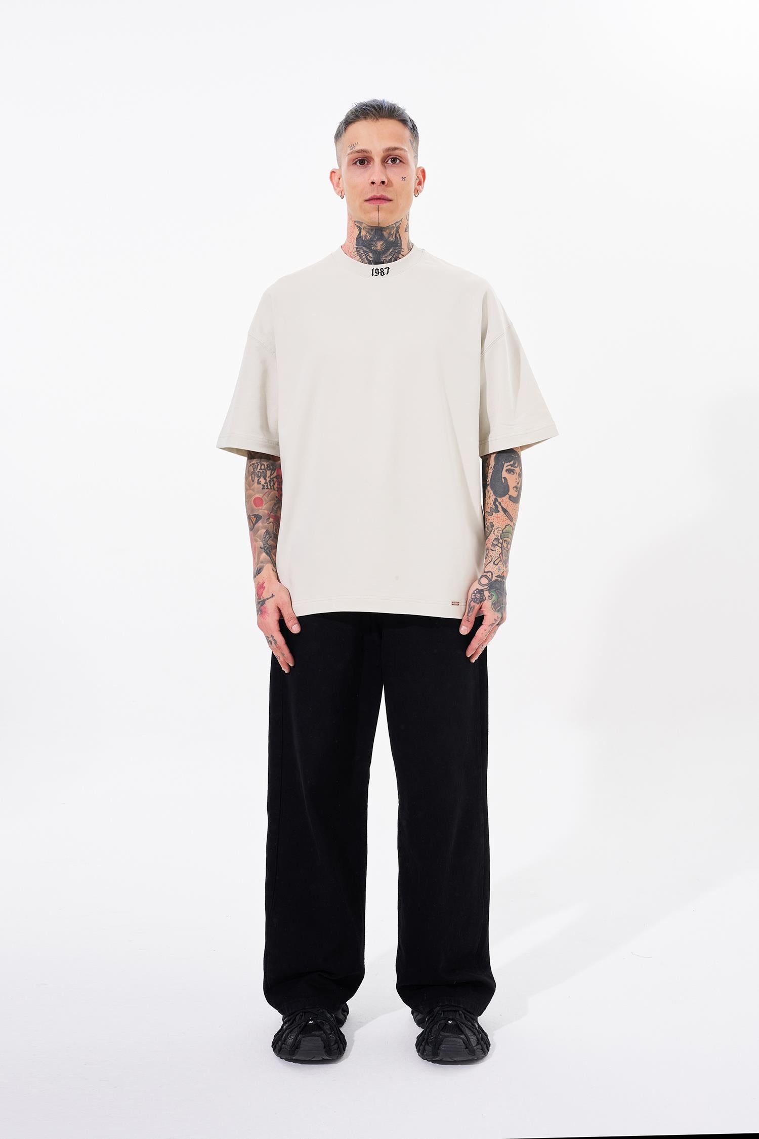 Erkek High Neck Baskılı Oversize Tişört Uzay Grisi