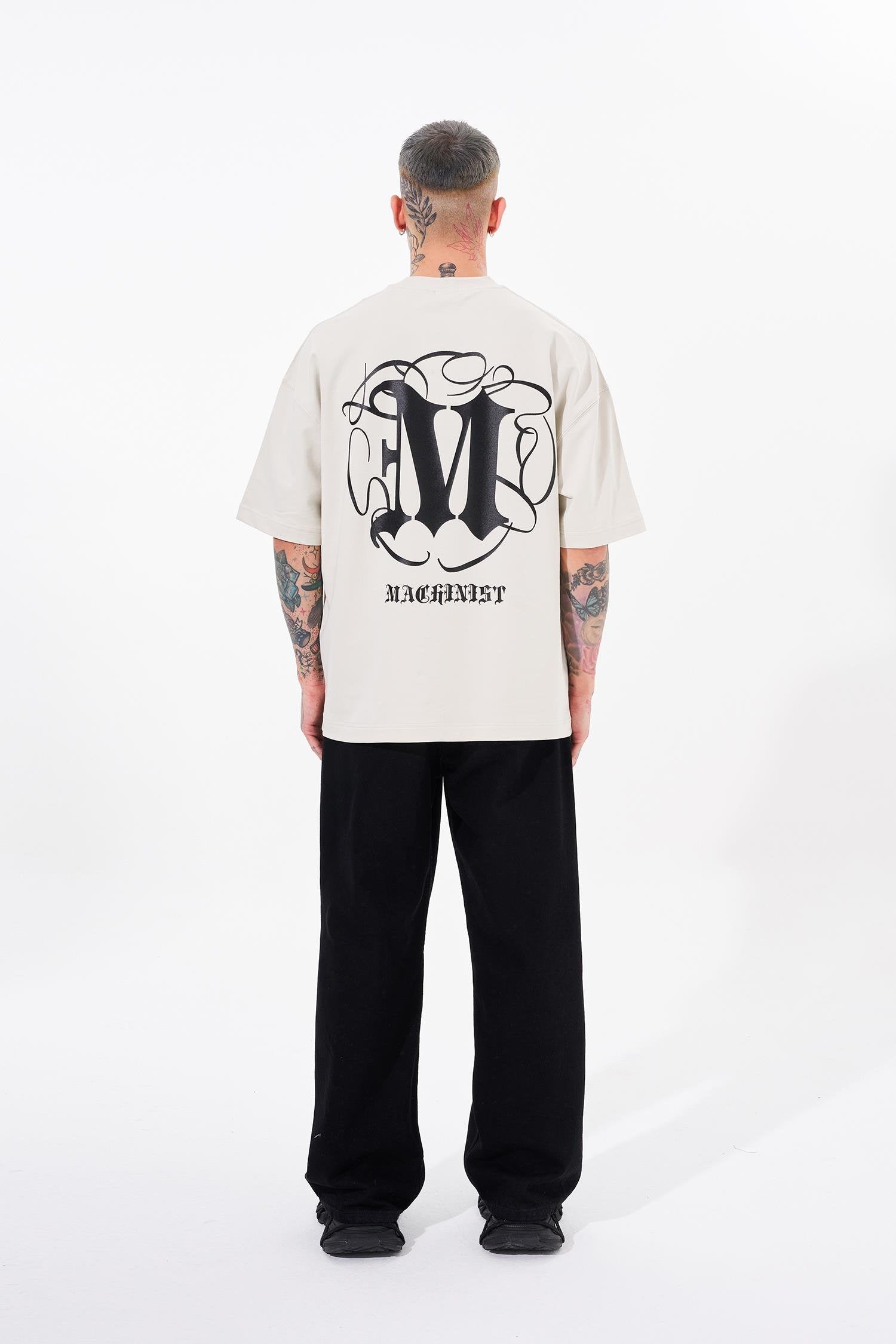 Erkek High Neck Baskılı Oversize Tişört Uzay Grisi