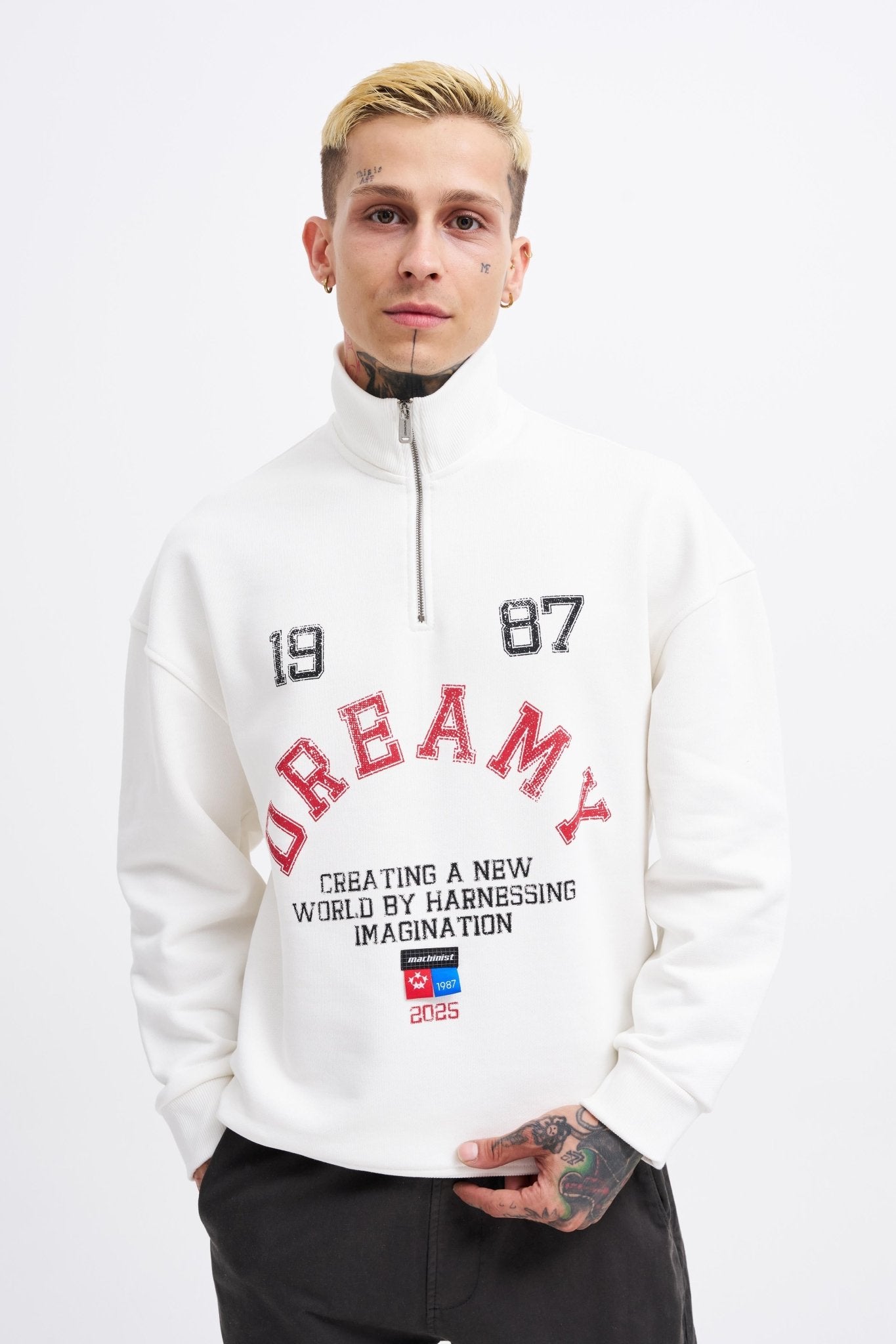 Erkek High Neck Printed Polo Sweatshirt Ekru