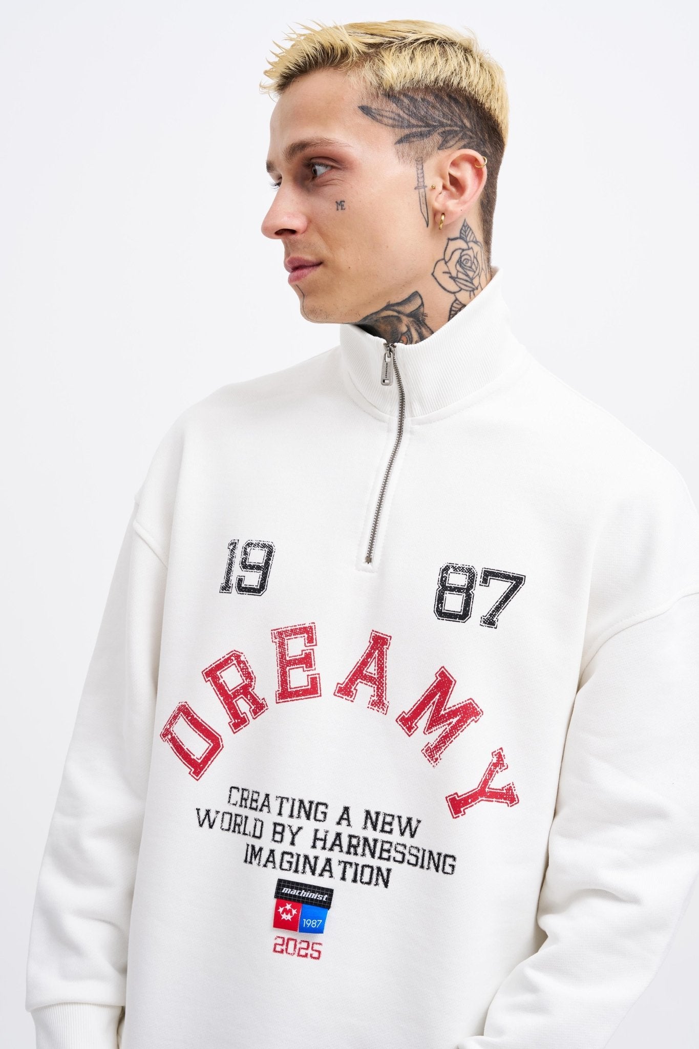 Erkek High Neck Printed Polo Sweatshirt Ekru