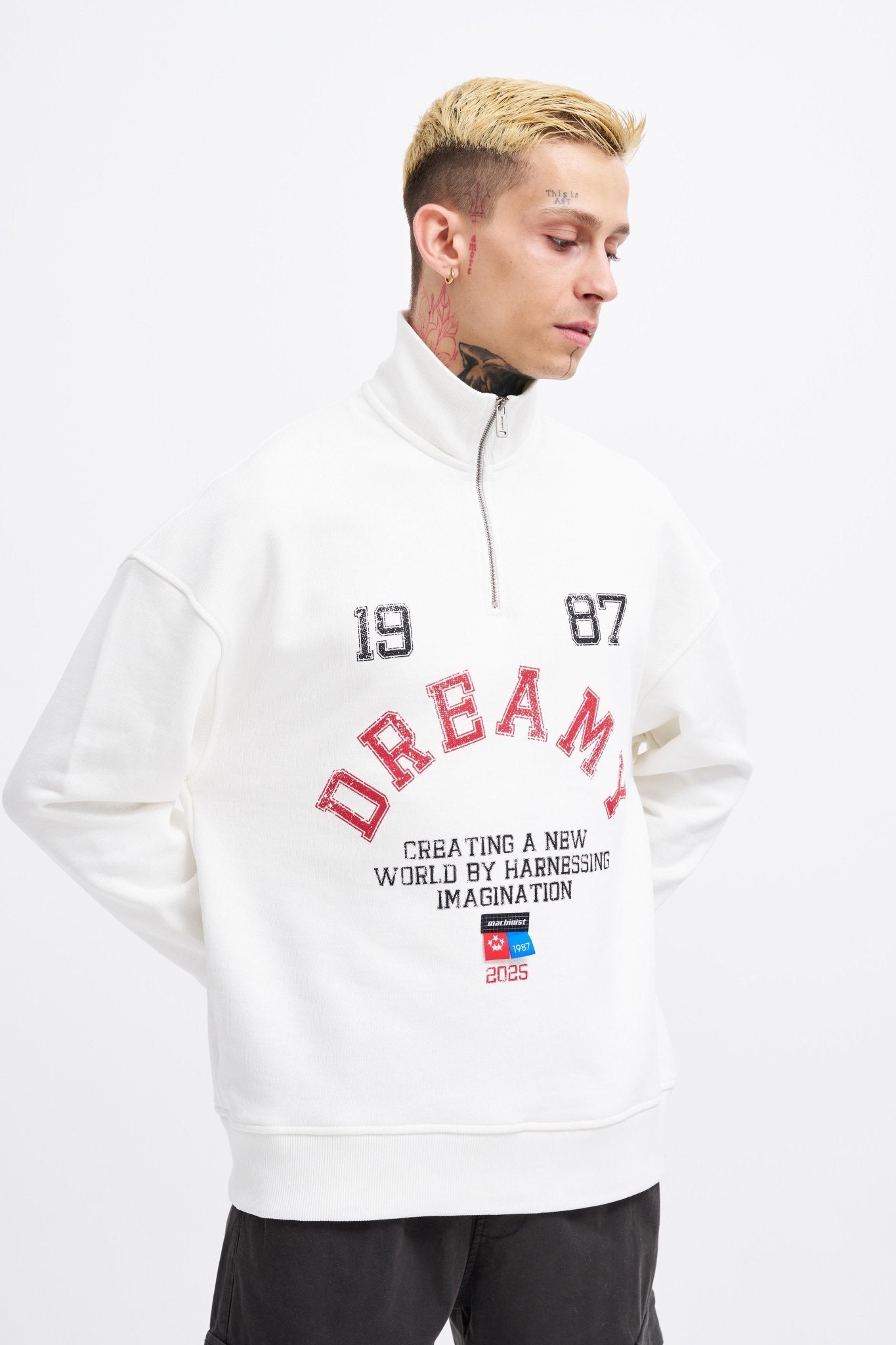 Erkek High Neck Printed Polo Sweatshirt Ekru