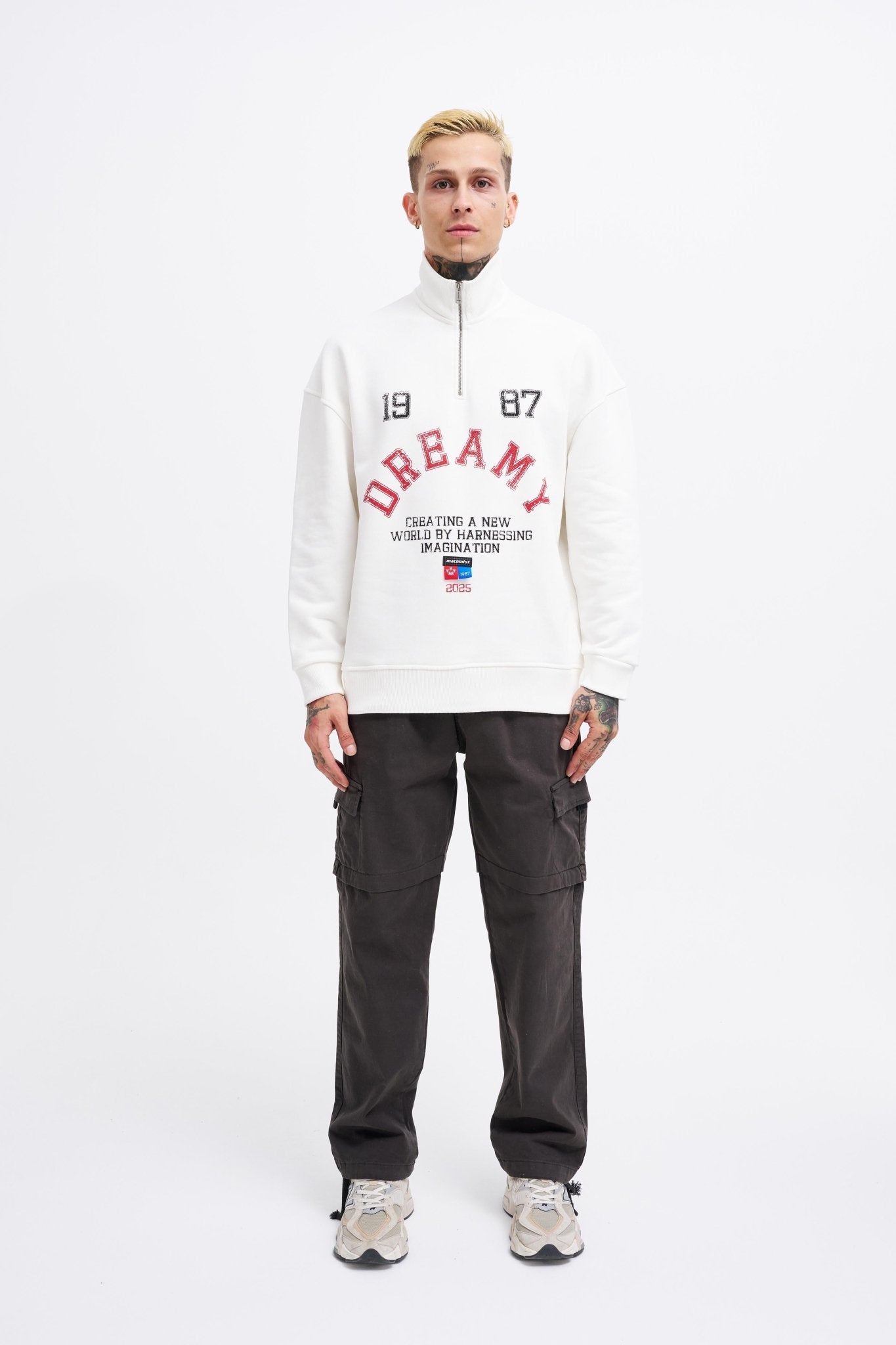 Erkek High Neck Printed Polo Sweatshirt Ekru