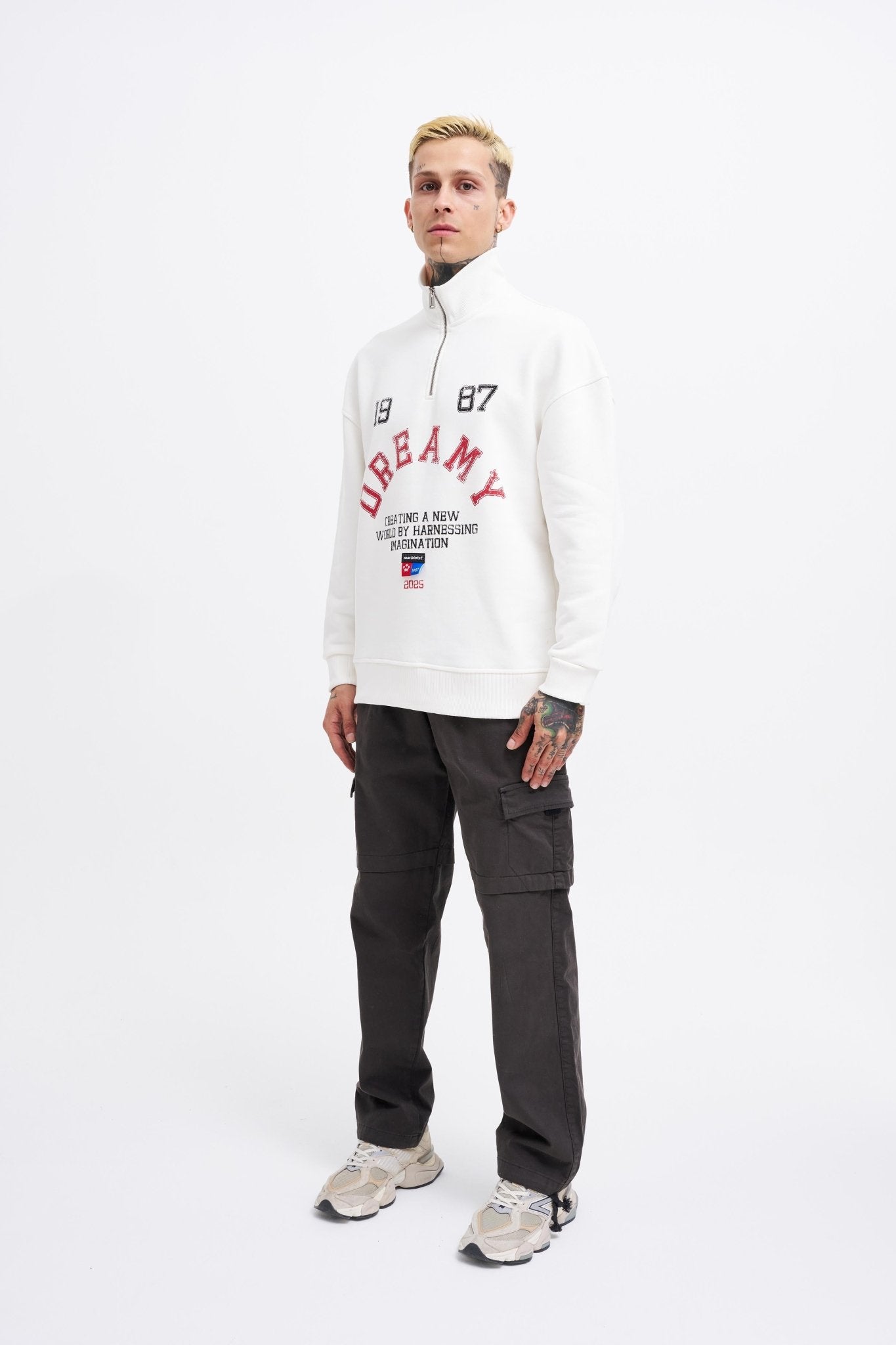 Erkek High Neck Printed Polo Sweatshirt Ekru