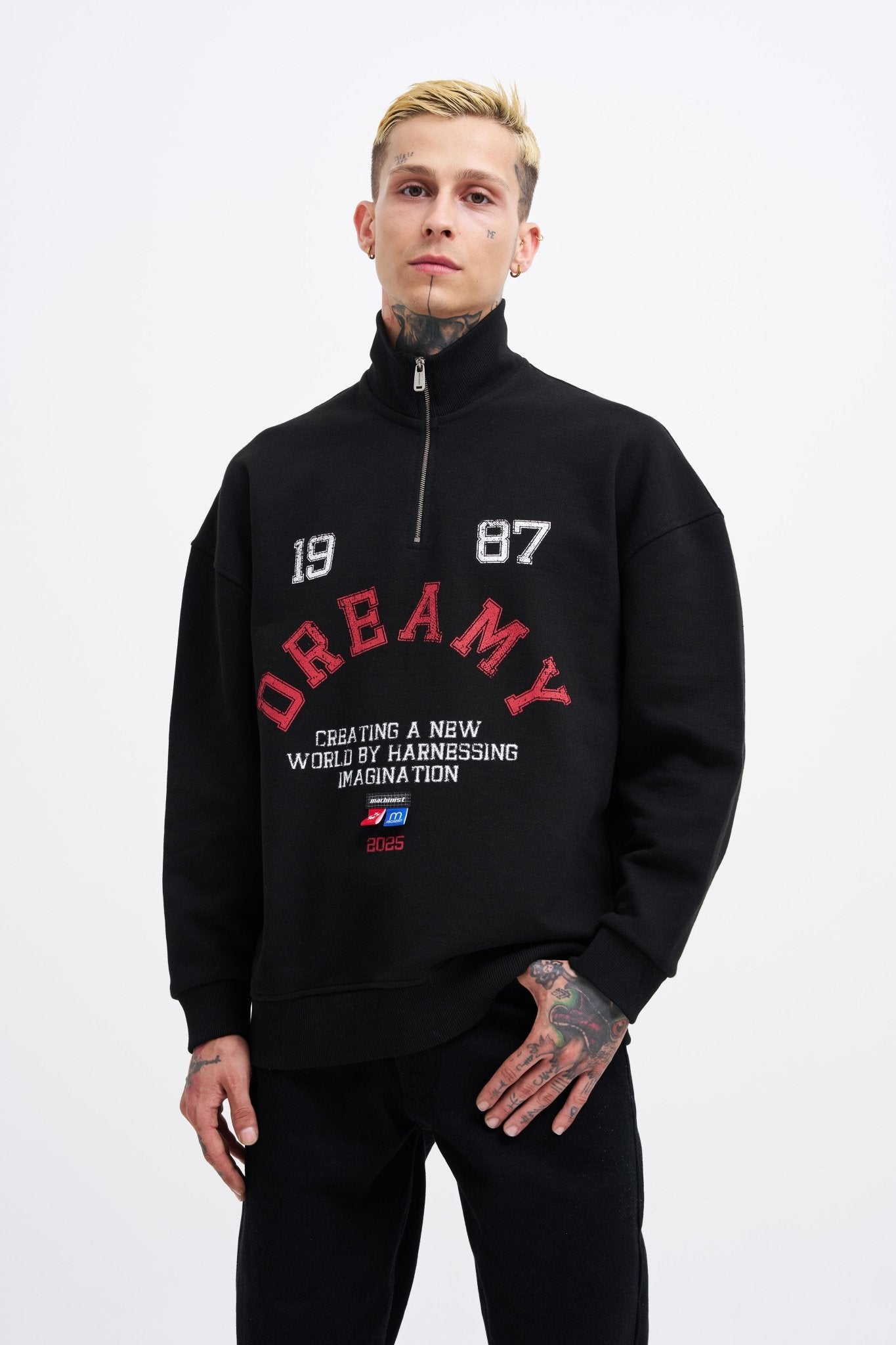 Erkek High Neck Printed Polo Sweatshirt Siyah