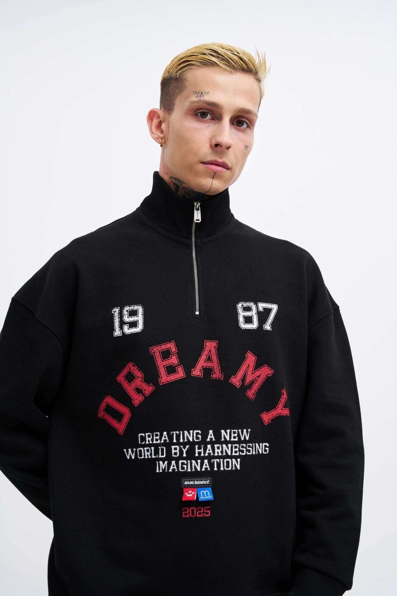 Erkek High Neck Printed Polo Sweatshirt Siyah