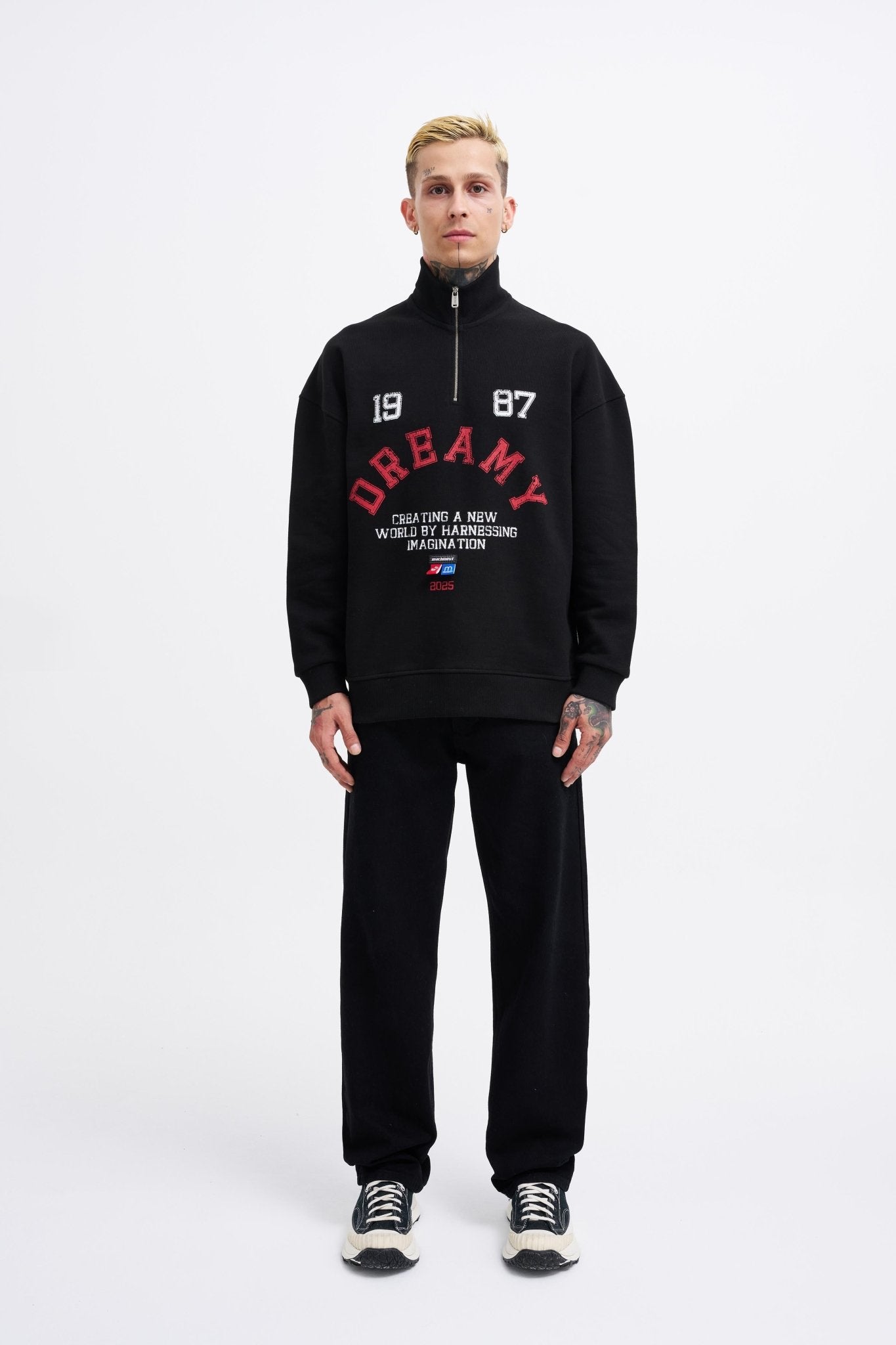 Erkek High Neck Printed Polo Sweatshirt Siyah