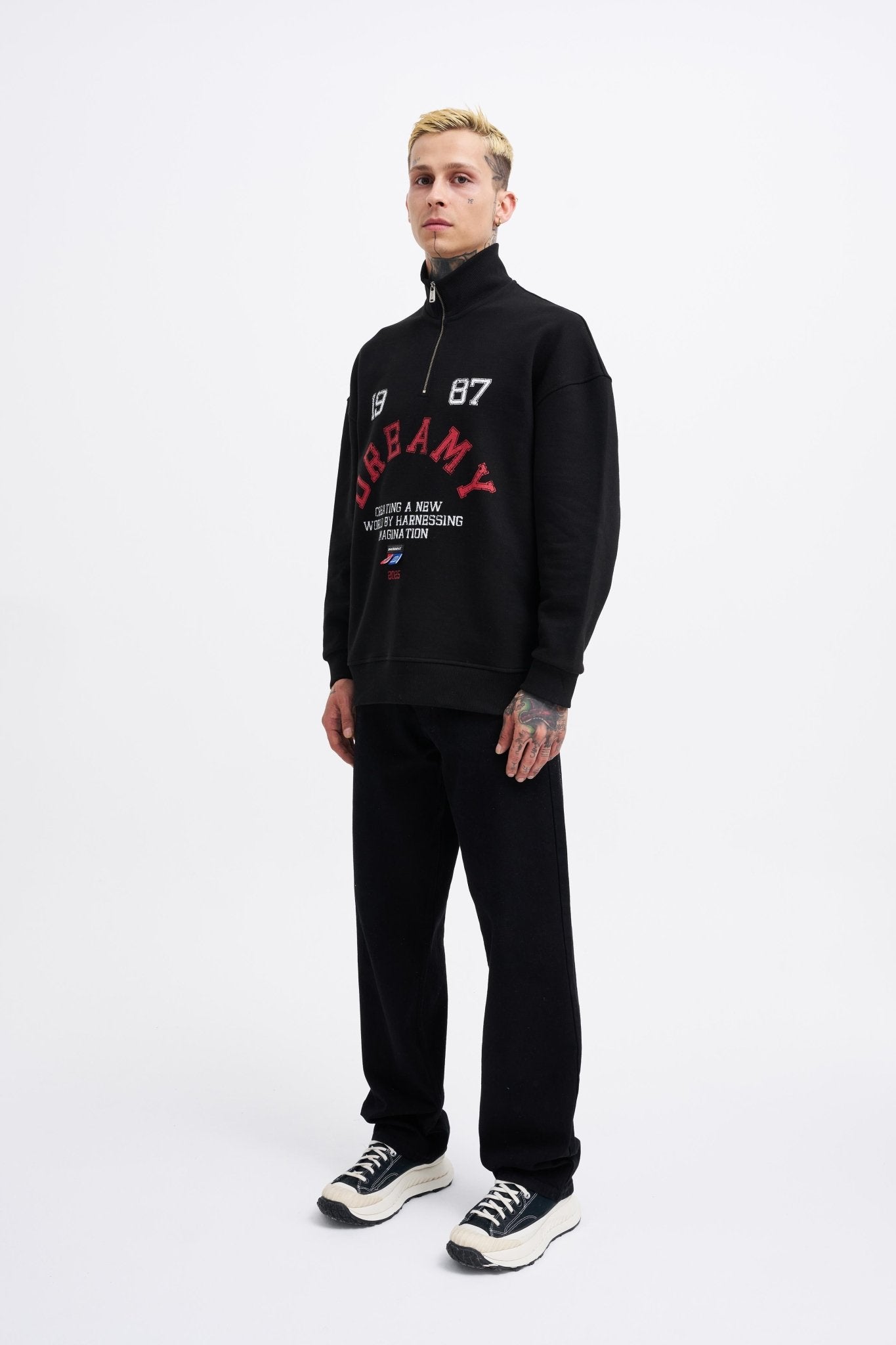 Erkek High Neck Printed Polo Sweatshirt Siyah