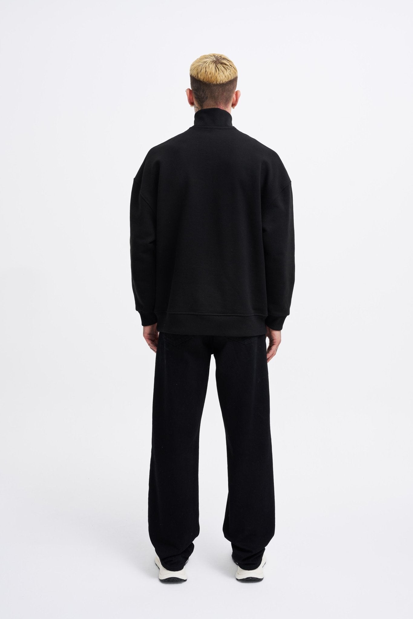 Erkek High Neck Printed Polo Sweatshirt Siyah