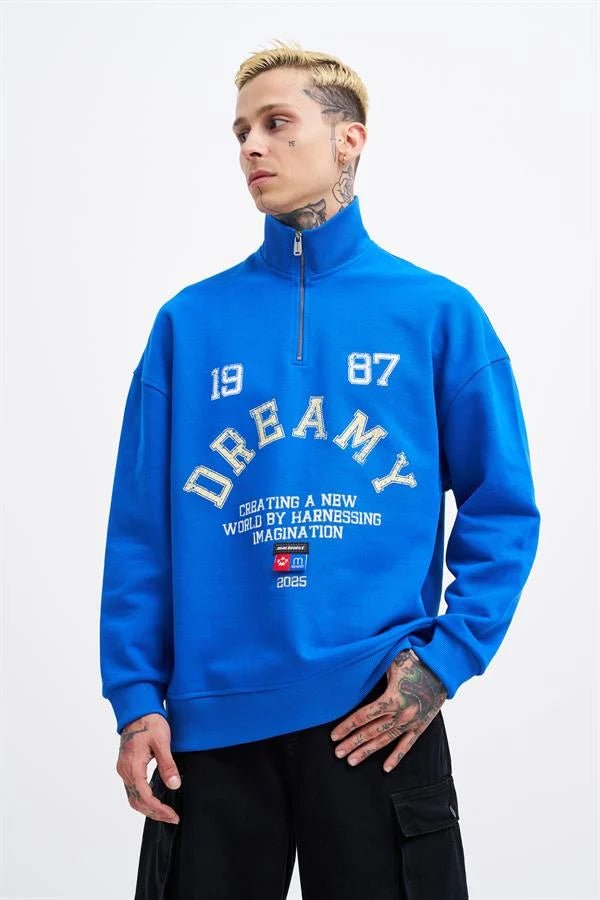 Erkek High Neck Printed Polo Sweatshirt Açık Mavi