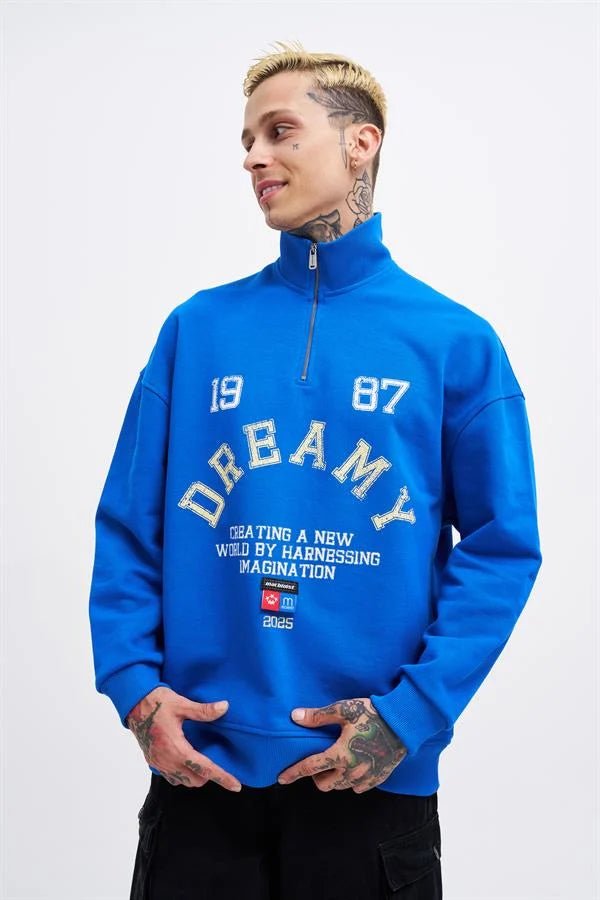 Erkek High Neck Printed Polo Sweatshirt Açık Mavi
