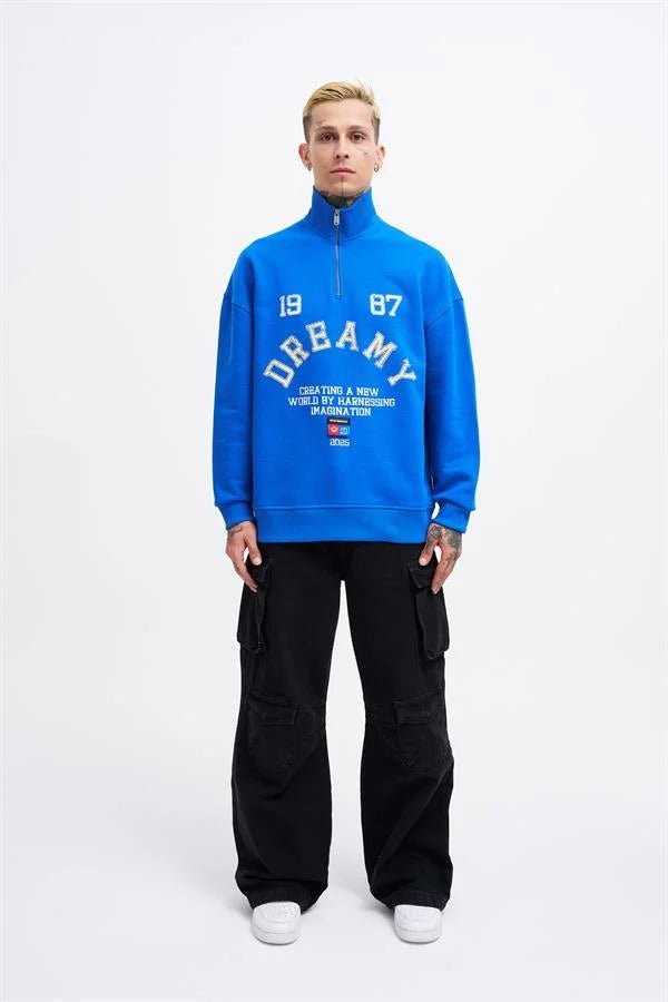 Erkek High Neck Printed Polo Sweatshirt Açık Mavi