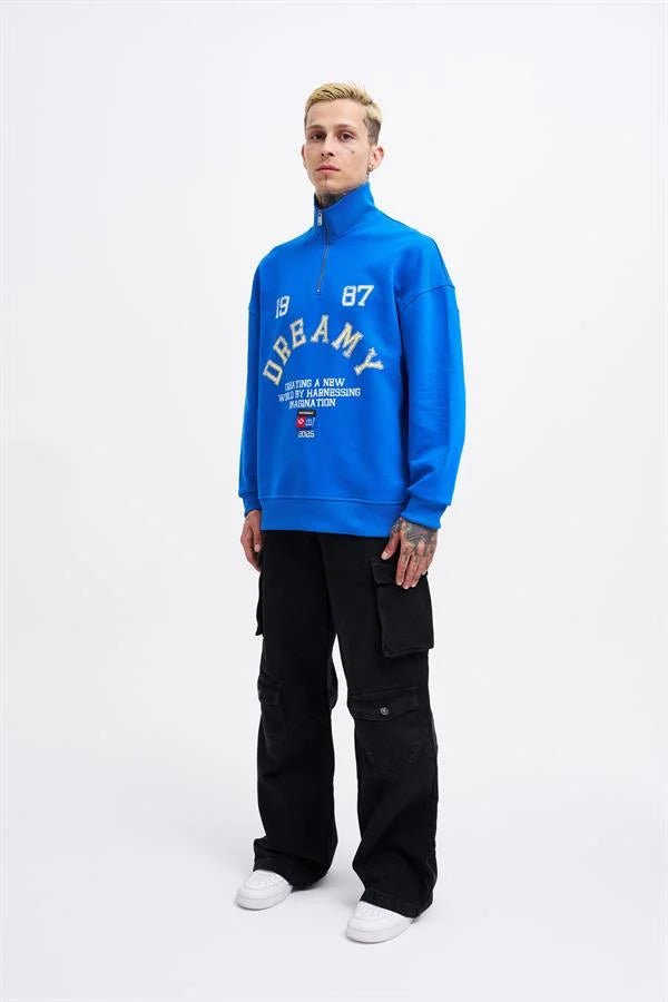 Erkek High Neck Printed Polo Sweatshirt Açık Mavi