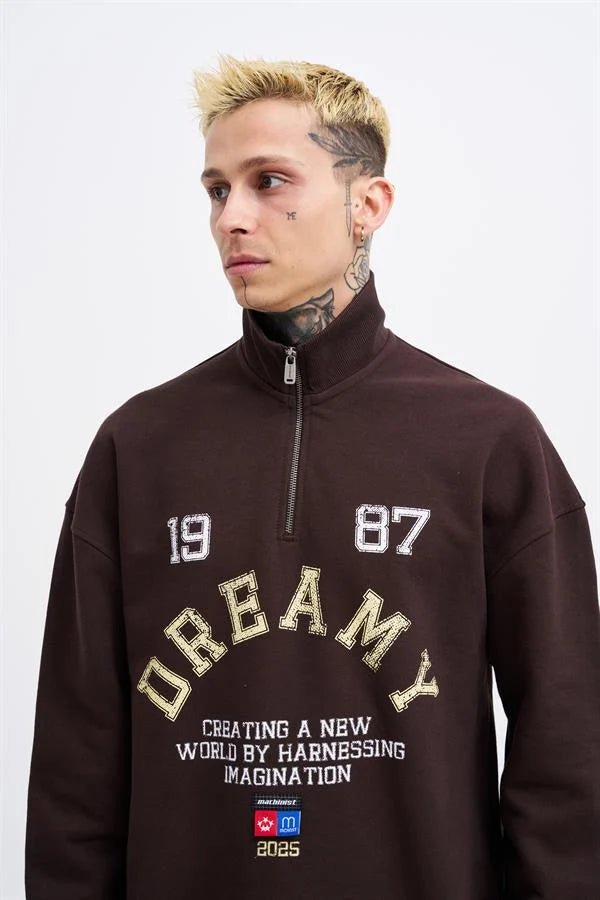 Erkek High Neck Printed Polo Sweatshirt Koyu Kahverengi