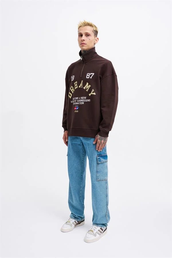 Erkek High Neck Printed Polo Sweatshirt Koyu Kahverengi