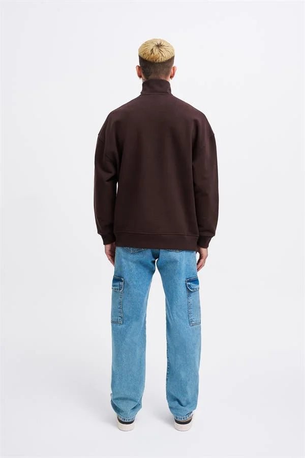 Erkek High Neck Printed Polo Sweatshirt Koyu Kahverengi