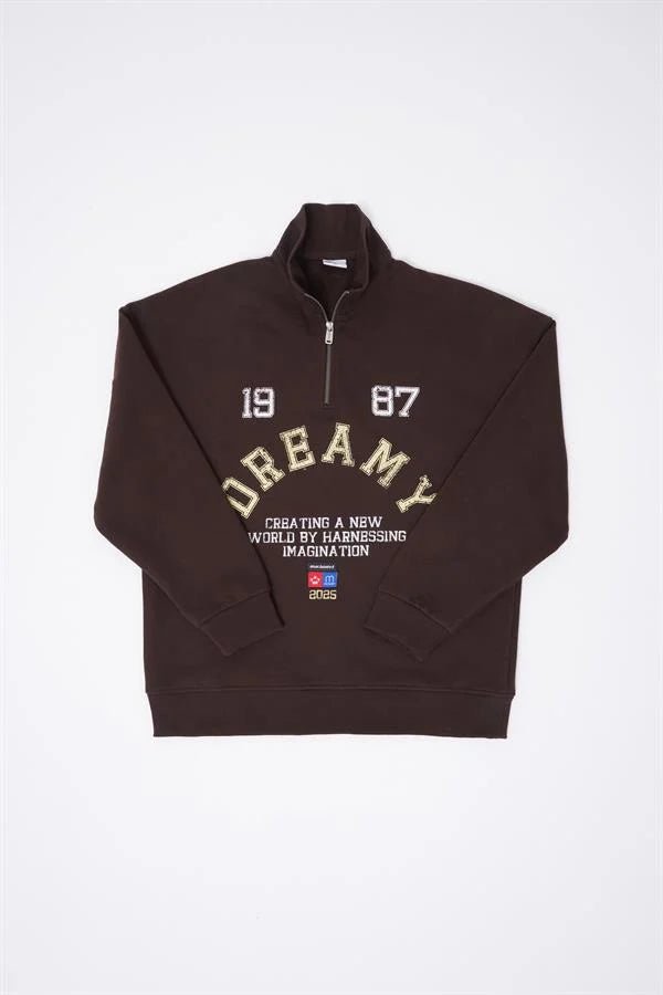 Erkek High Neck Printed Polo Sweatshirt Koyu Kahverengi
