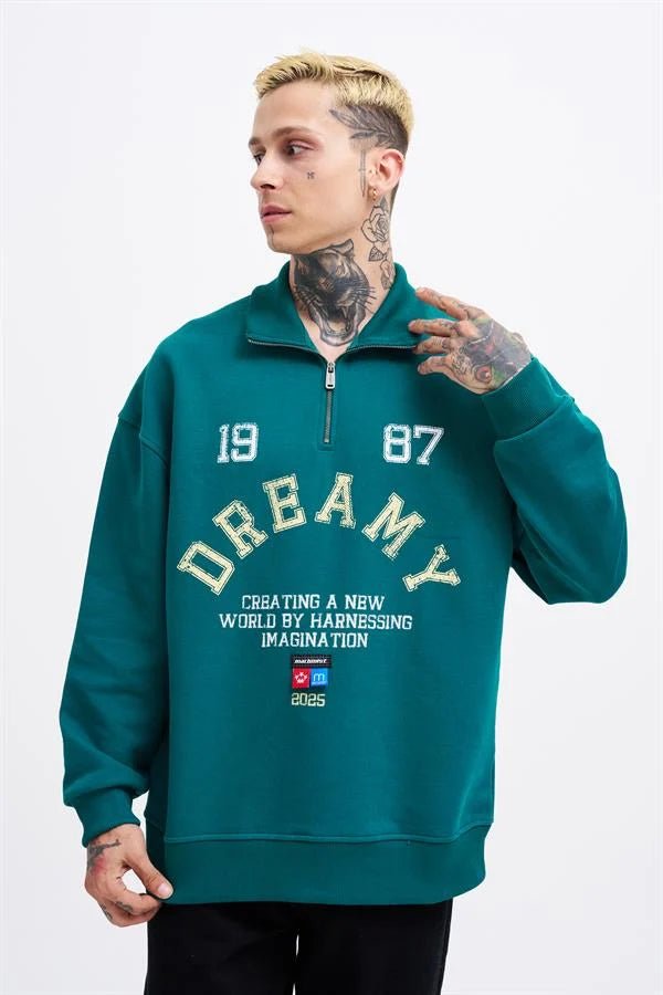 Erkek High Neck Printed Polo Sweatshirt Yağ Yeşili