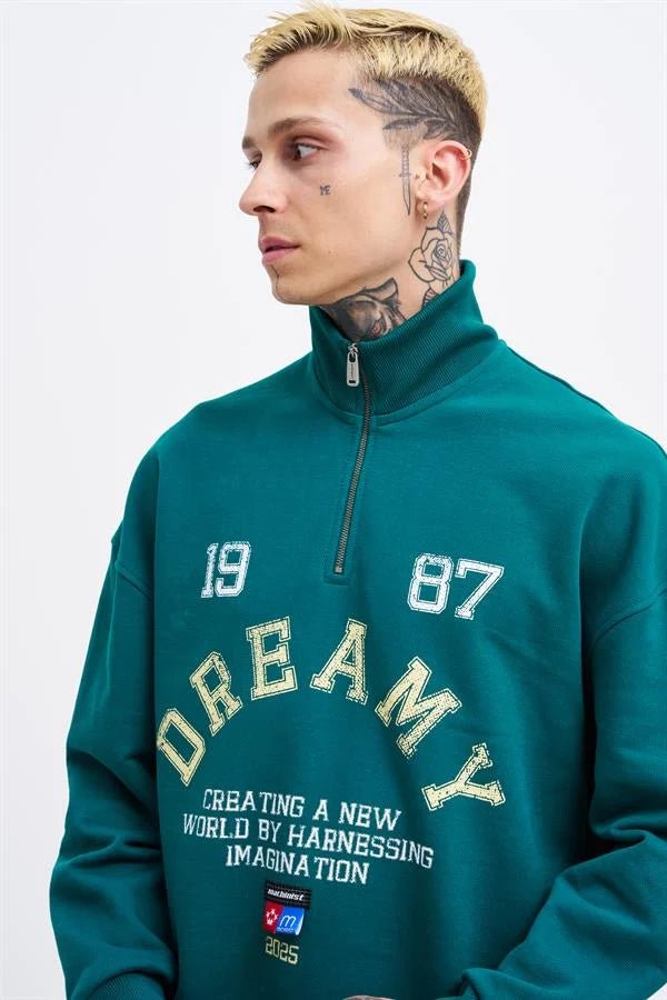 Erkek High Neck Printed Polo Sweatshirt Yağ Yeşili
