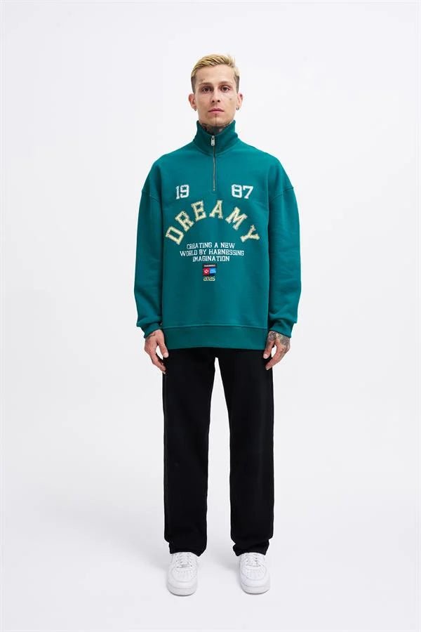 Erkek High Neck Printed Polo Sweatshirt Yağ Yeşili