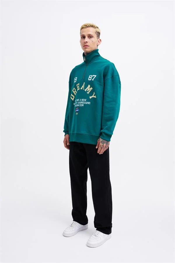 Erkek High Neck Printed Polo Sweatshirt Yağ Yeşili