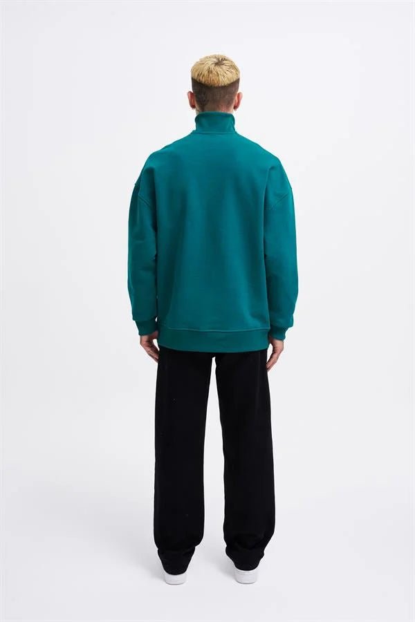 Erkek High Neck Printed Polo Sweatshirt Yağ Yeşili