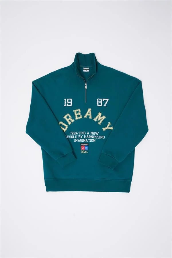 Erkek High Neck Printed Polo Sweatshirt Yağ Yeşili