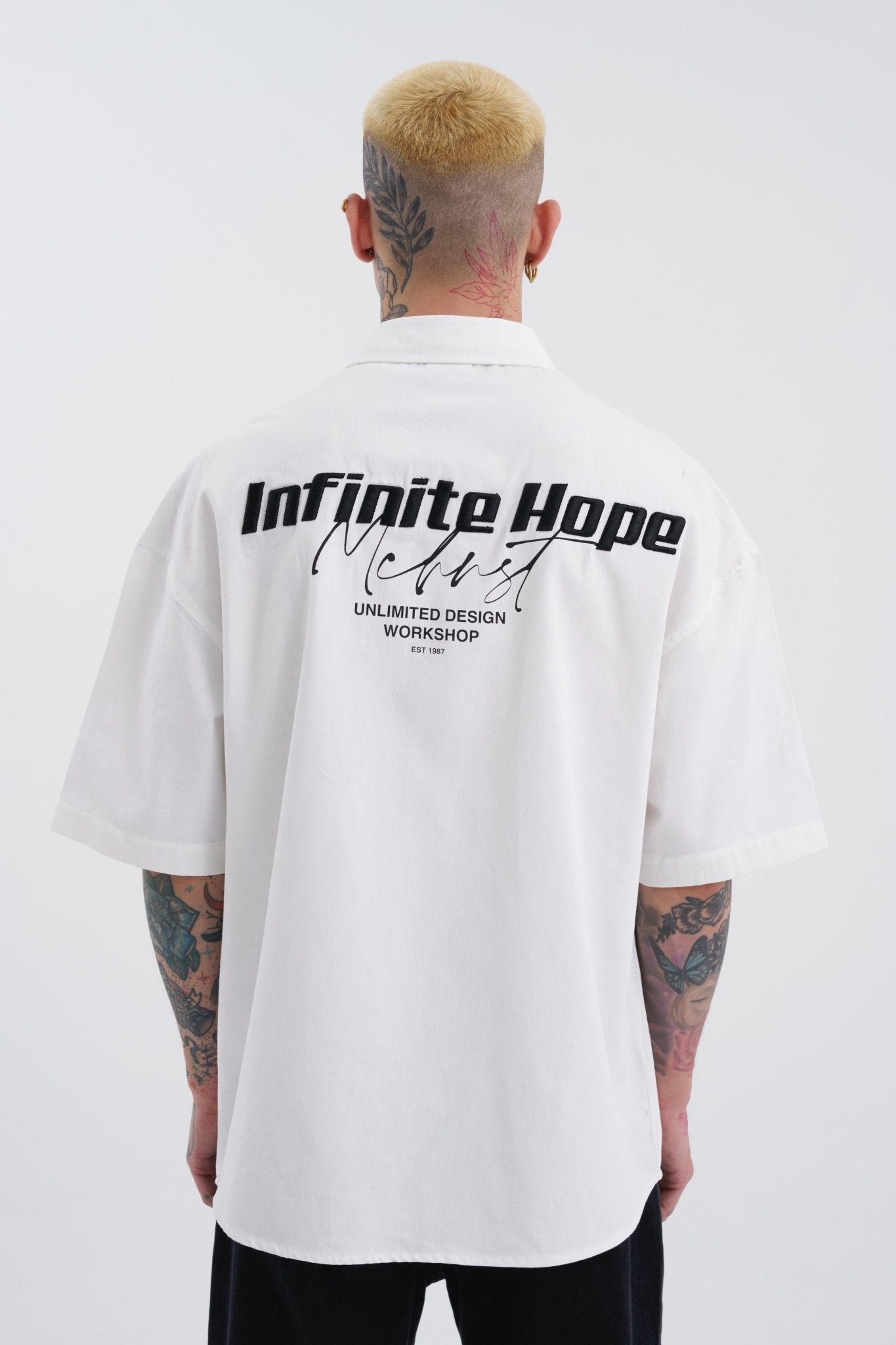 Erkek Hope Slogan Nakışlı Oversize Gömlek Beyaz