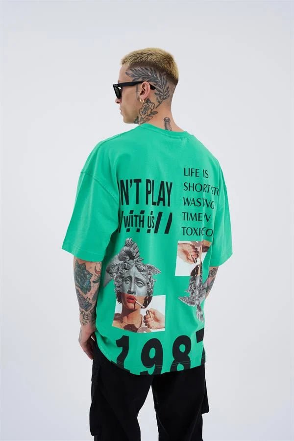 Erkek Hunt Your Dreams Baskılı Oversize Tişört Elektrik Yeşili