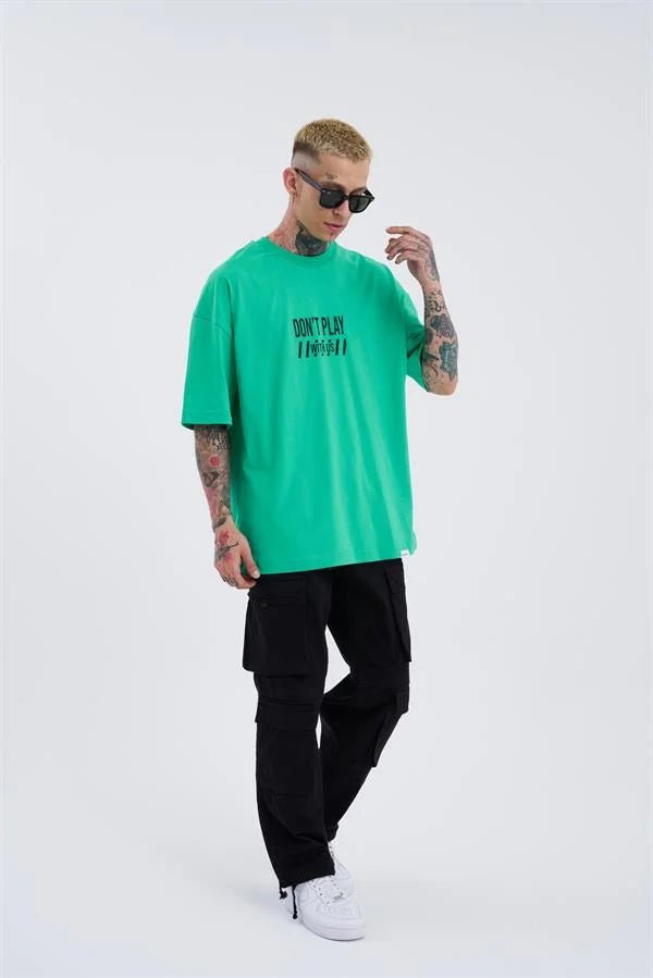 Erkek Hunt Your Dreams Baskılı Oversize Tişört Elektrik Yeşili