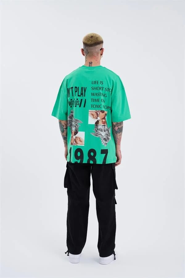 Erkek Hunt Your Dreams Baskılı Oversize Tişört Elektrik Yeşili