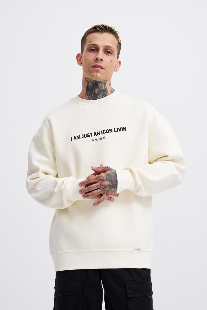 Erkek ICON Baskılı Oversize Sweatshirt Ekru