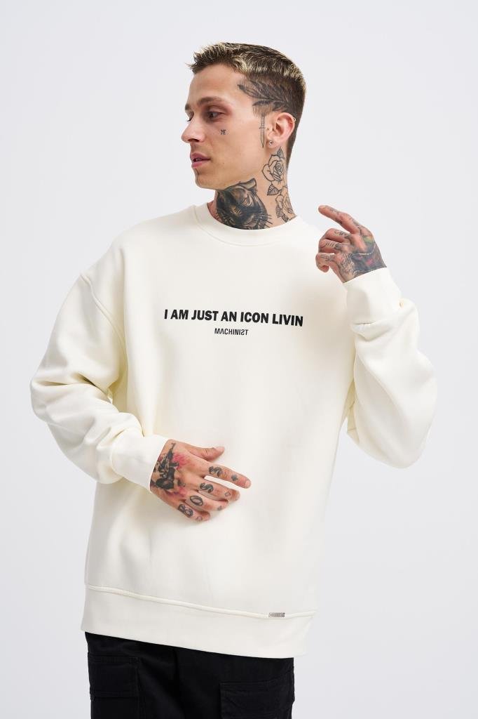 Erkek ICON Baskılı Oversize Sweatshirt Ekru