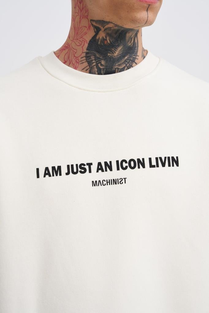 Erkek ICON Baskılı Oversize Sweatshirt Ekru