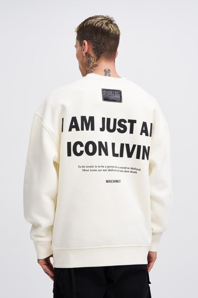 Erkek ICON Baskılı Oversize Sweatshirt Ekru
