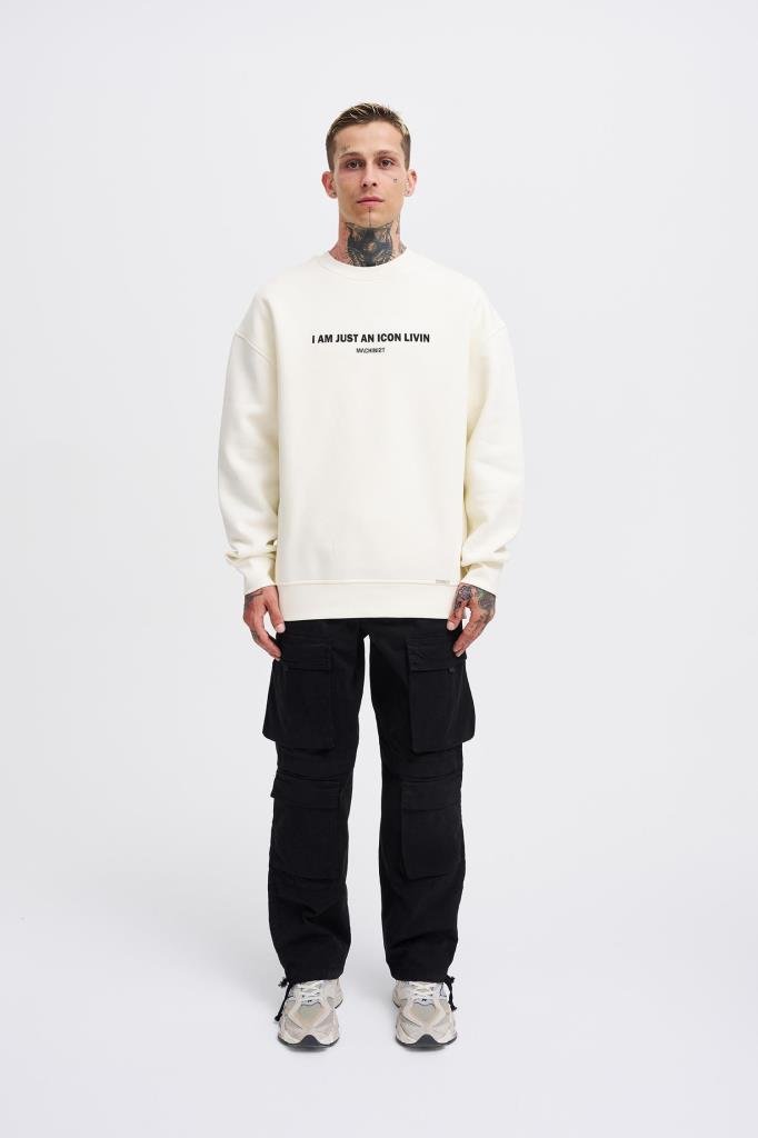 Erkek ICON Baskılı Oversize Sweatshirt Ekru